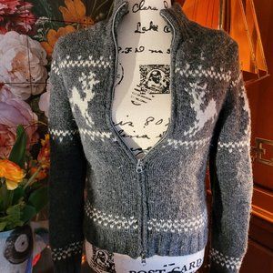 UNIQLO: Warm zip-up fleece lined sweater in grey with white reindeer detail, S